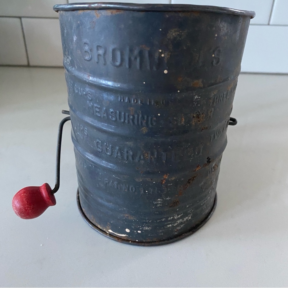 Vintage Super Rustic Metal Flour Sifter with Red Handle for Decor
